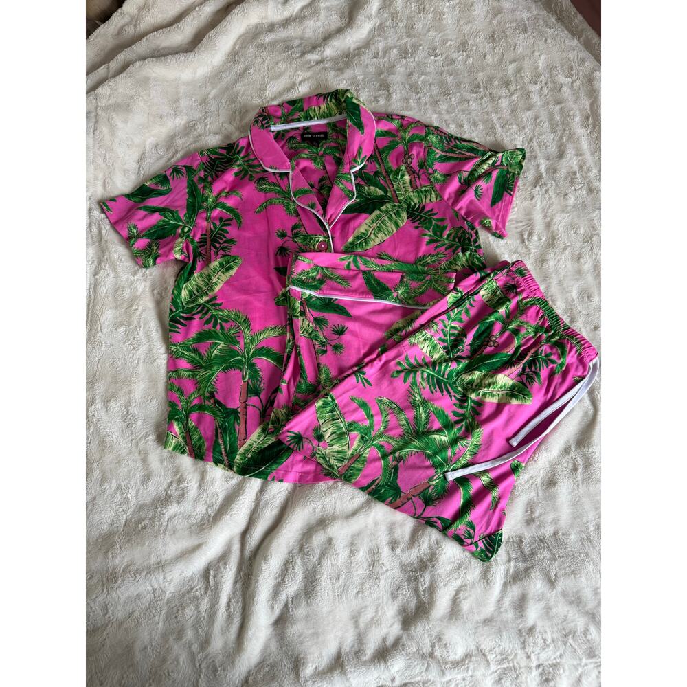 Room Service Palm Print Pajama Set Pink Green Tropical Resort Lounge L - Picture 2 of 5
